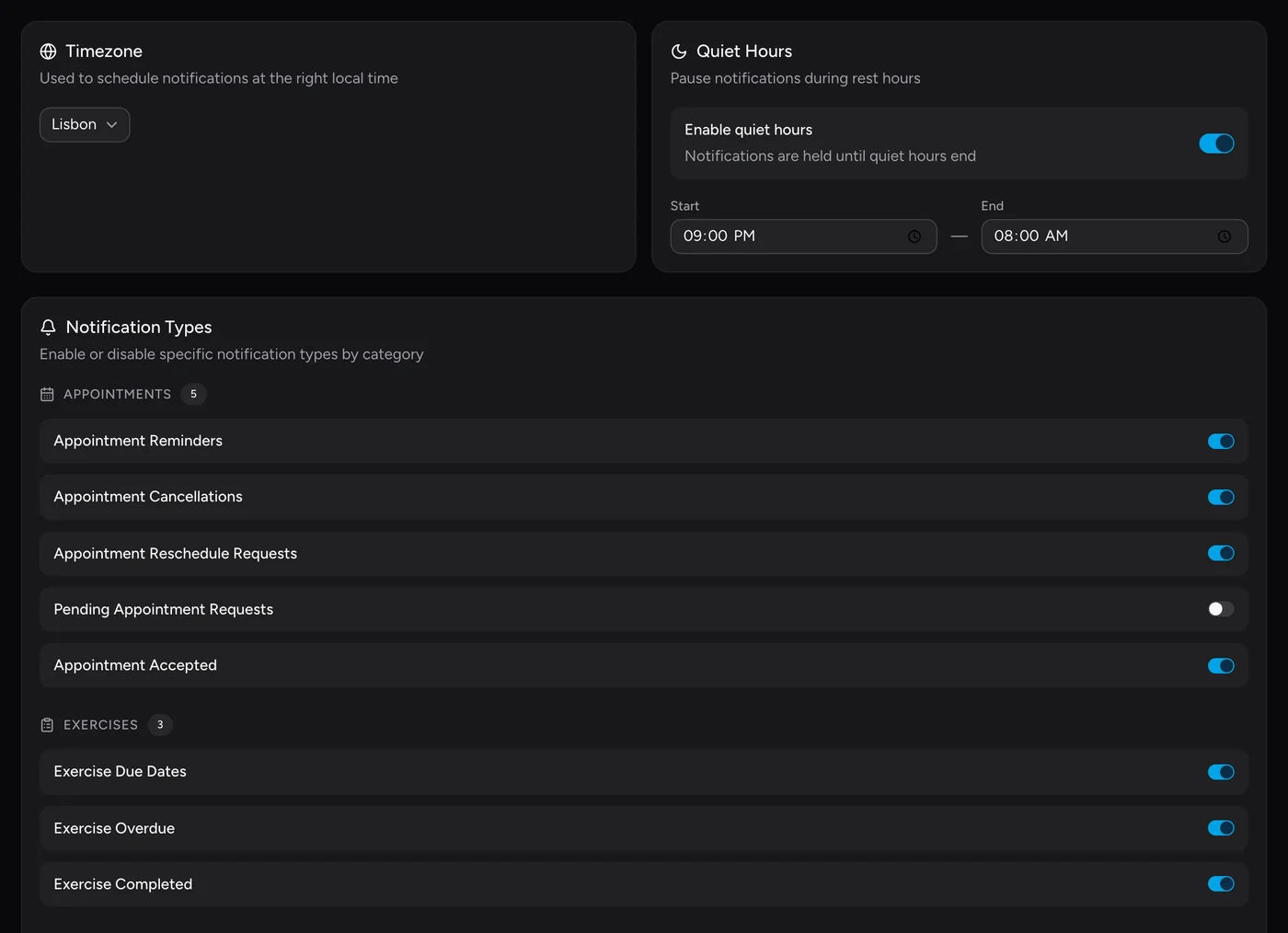 Ajustes de notificaciones en Mena: una zona horaria, horas de silencio con hora de inicio y de fin, y un interruptor por tipo de notificación.