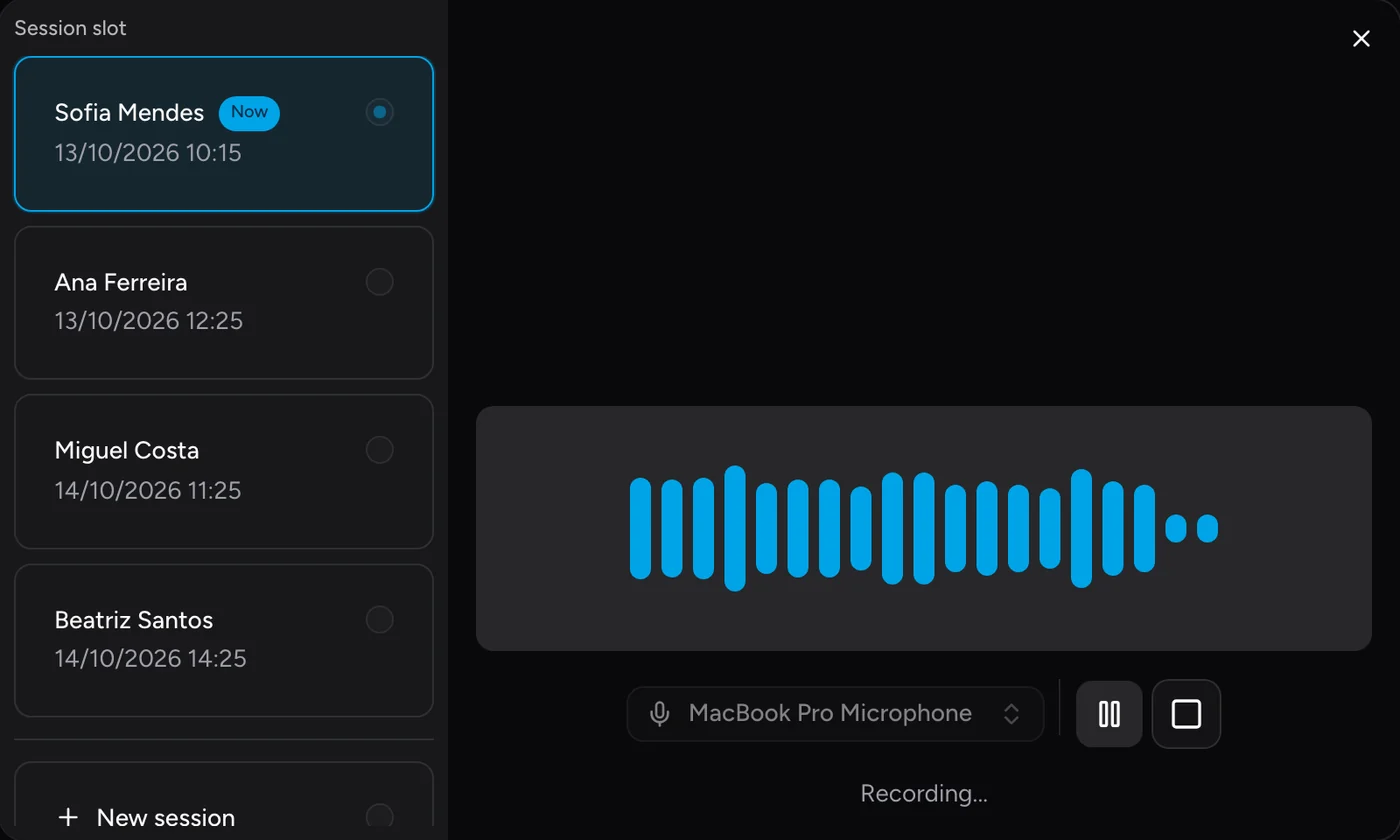 Finestra Registra sessione di Mena: le sessioni di oggi con Sofia Mendes indicata come Ora, il livello audio in tempo reale e i comandi di pausa e stop.