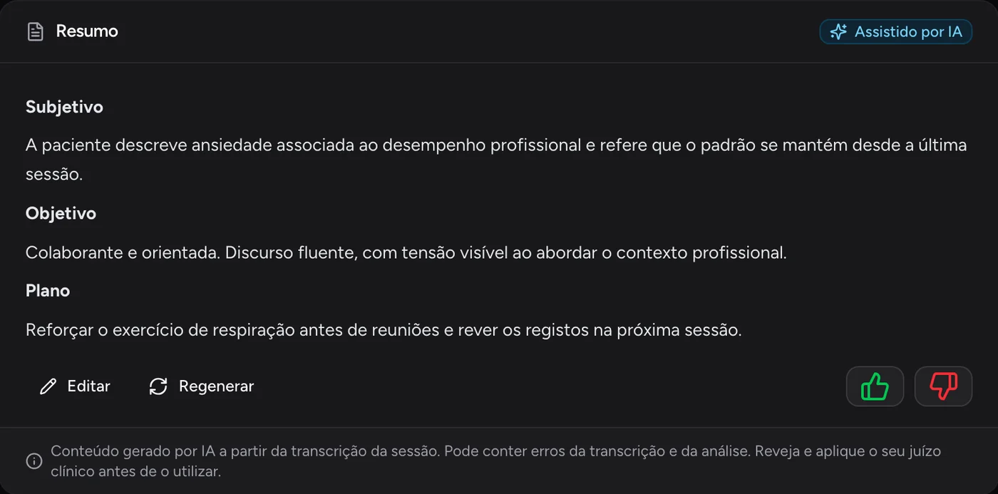 Nota de sessão redigida por IA na Mena, com as secções Subjetivo, Objetivo e Plano, os botões Editar e Regenerar e um lembrete para rever.