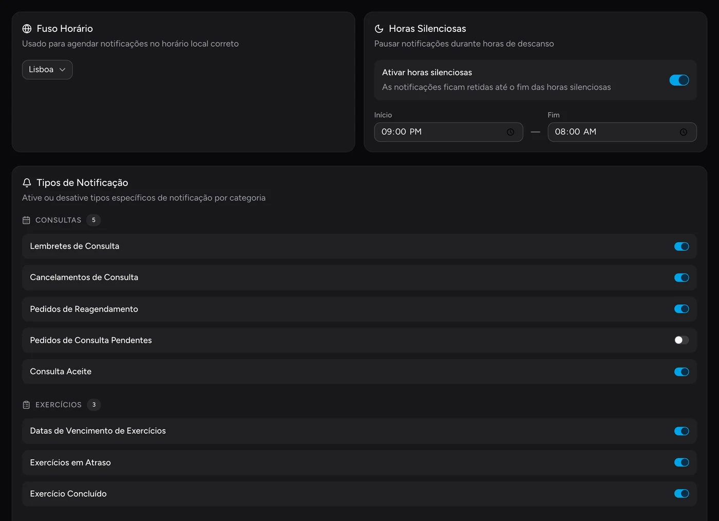 Definições de notificações na Mena: um fuso horário, horas silenciosas com início e fim, e um interruptor por tipo de notificação.